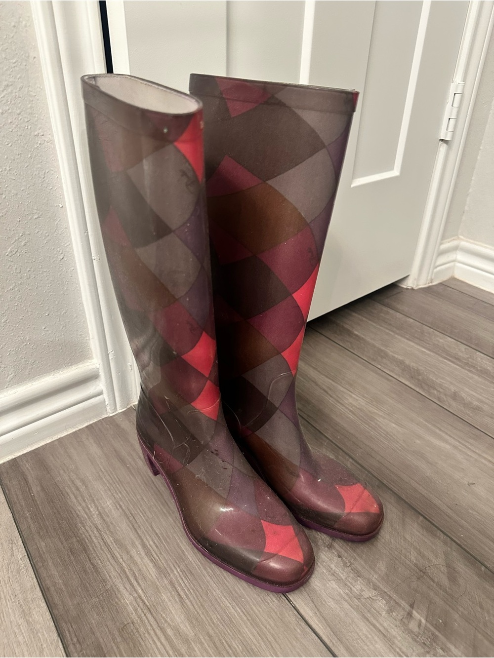 Emilio Pucci Burgundy and Pink Geometric Tall Rain Boots